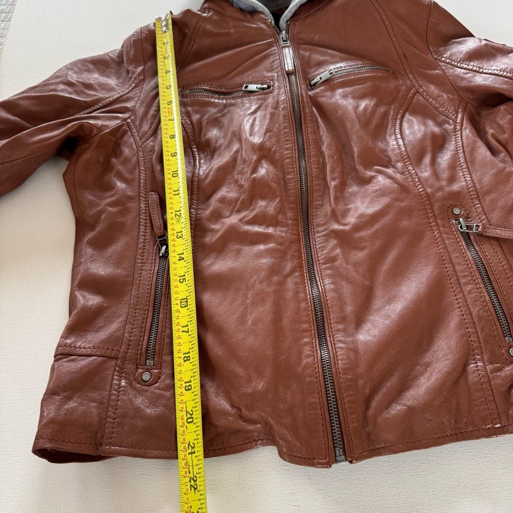 Mauritius Cognac Lamb Leather Moto Jacket Women’s XL Removable Gray Hood - Picture 16 of 16